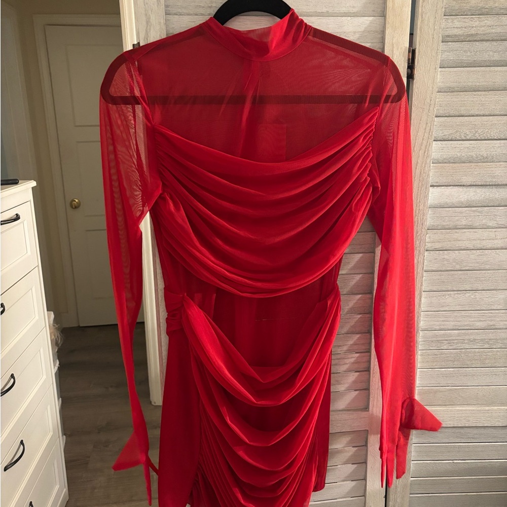 Red Ruched Long Sleeve Bodycon Dress